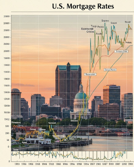 Historical U.S. mortgage rate chart highlighting key economic events with St. Louis skyline in the background