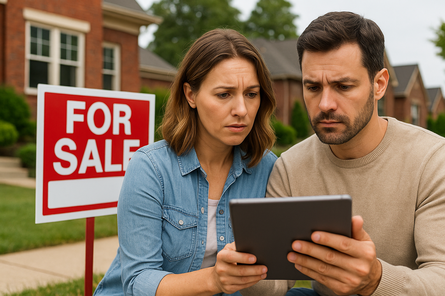 Couple researching mortgage rates in St. Louis with a “For Sale” sign in the background
