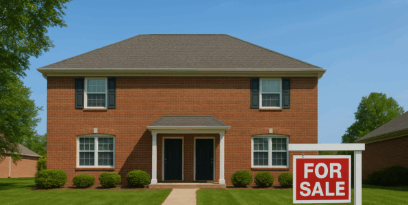 St. Louis brick duplex with “For Sale” sign representing Freddie Mac’s new 95% LTV mortgage option
