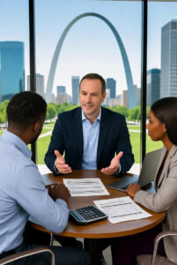 A St. Louis mortgage advisor meeting with homebuyers near the Gateway Arch, discussing mortgage rates and loan options.