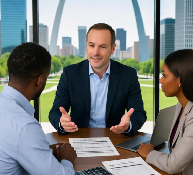 A St. Louis mortgage advisor meeting with homebuyers near the Gateway Arch, discussing mortgage rates and loan options.