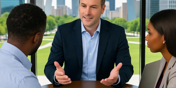 A St. Louis mortgage advisor meeting with homebuyers near the Gateway Arch, discussing mortgage rates and loan options.