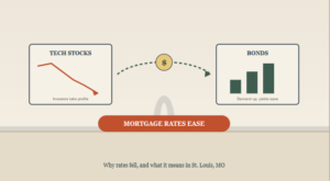 Illustration of money rotating from tech stocks into bonds, pushing yields and mortgage rates lower for St. Louis home buyers.
